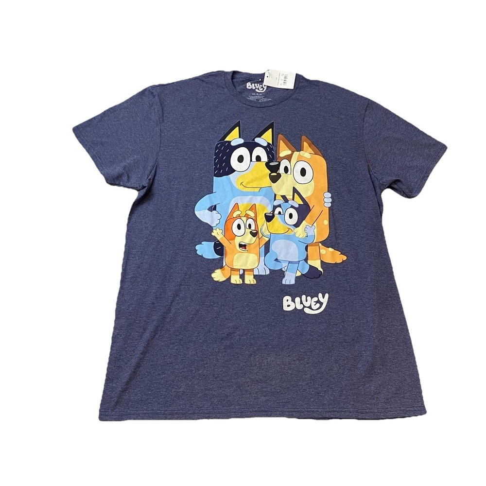 Bluey Family T-Shirt -Chilli Bandit Bingo Bluey White Logo Adult Large